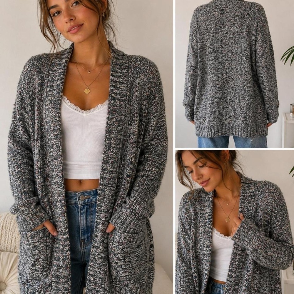 Hollister Chunky Knit Gray Speckled Cardigan Sweater Y2K Open Front Pockets